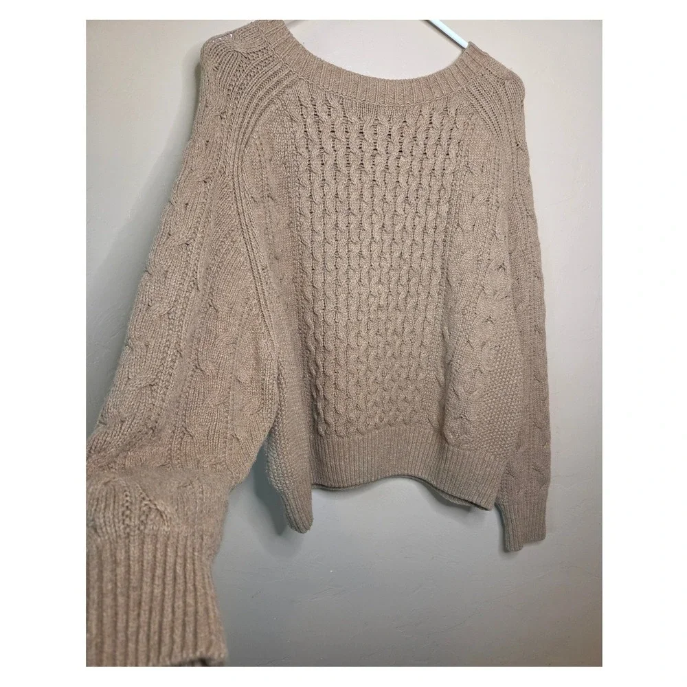 Women's Tan Cable Knit Raglan Sweater Cotton Wool Blend L